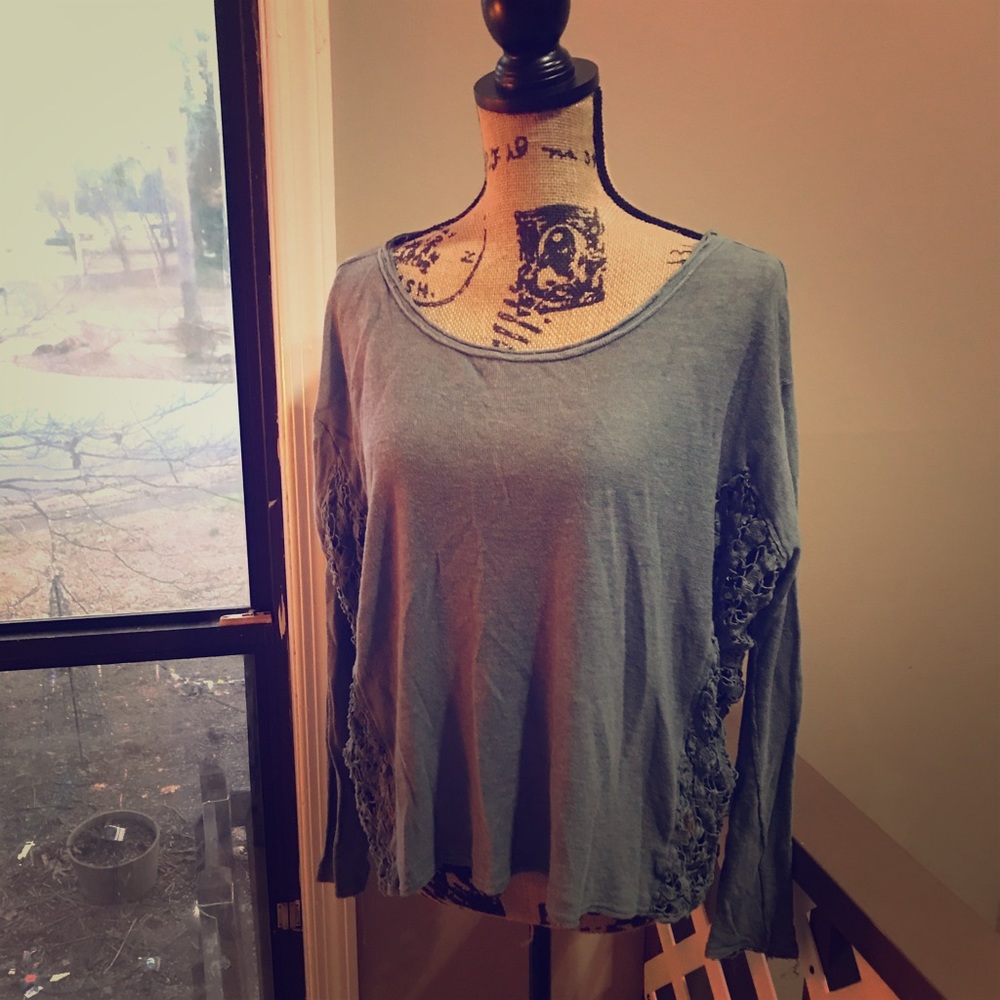 Free People Teal 3/4 Sleeve Knit Top Shirt Boho